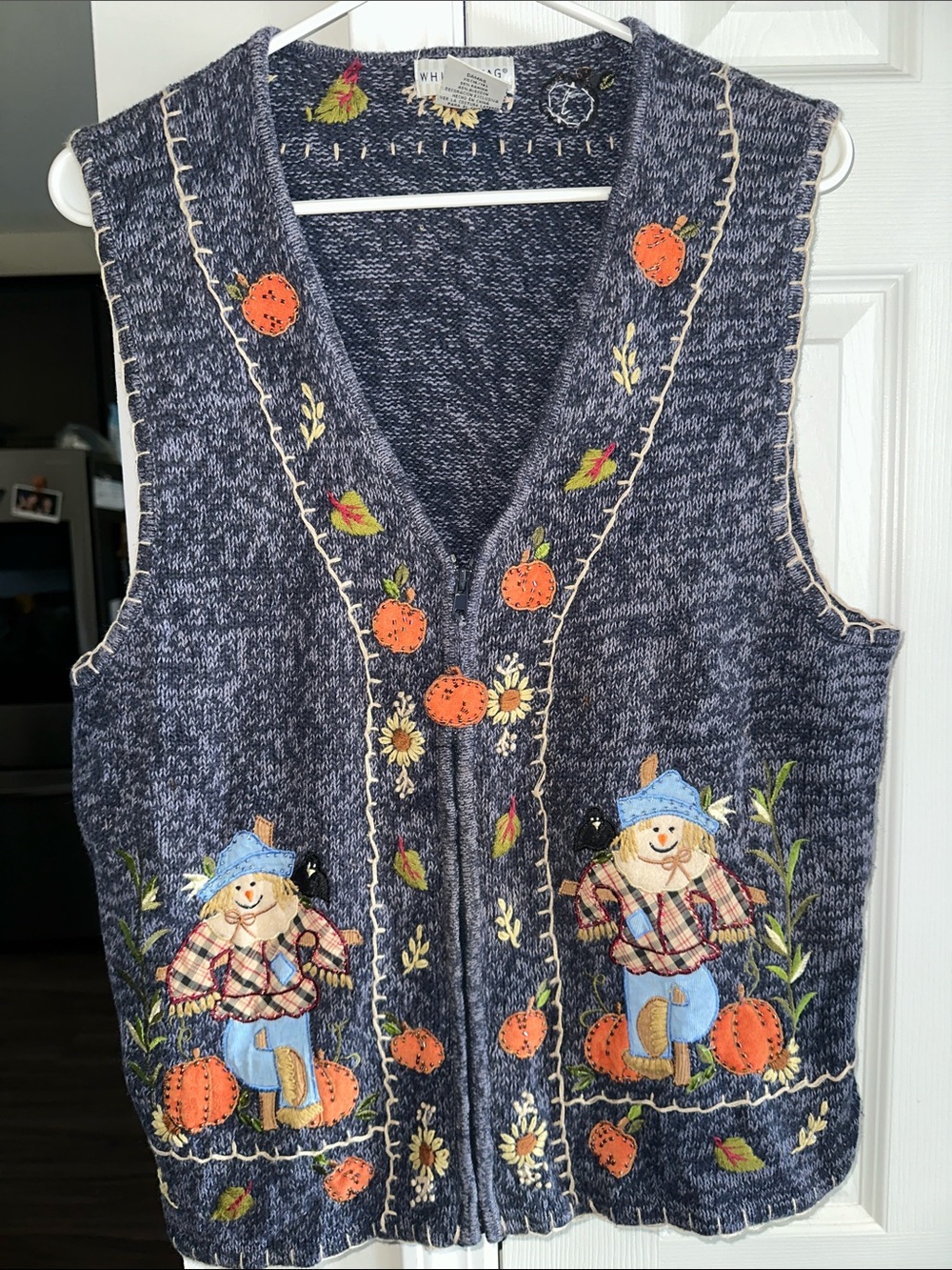 White Stag Navy and White Knit Fall Scarecrow Vest with Orange Pumpkin Appliqués